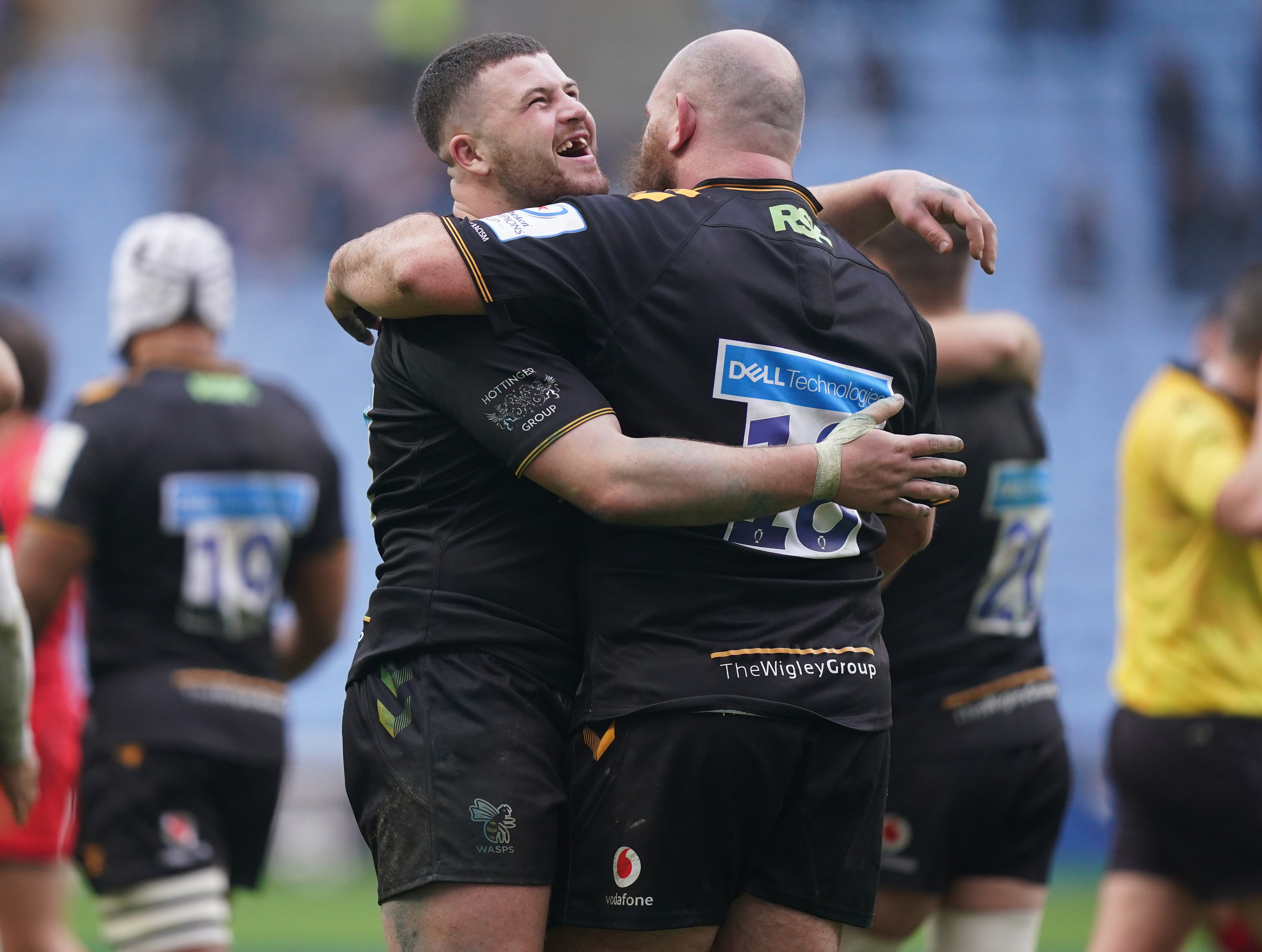 Wasps pair Alfie Barbeary (left) and Pieter Scholtz celebrate the 30-22 European Champions Cup victory over reigning holders Toulouse, despite having Jacob Umaga sent off after 33 minutes (Mike Egerton/PA)