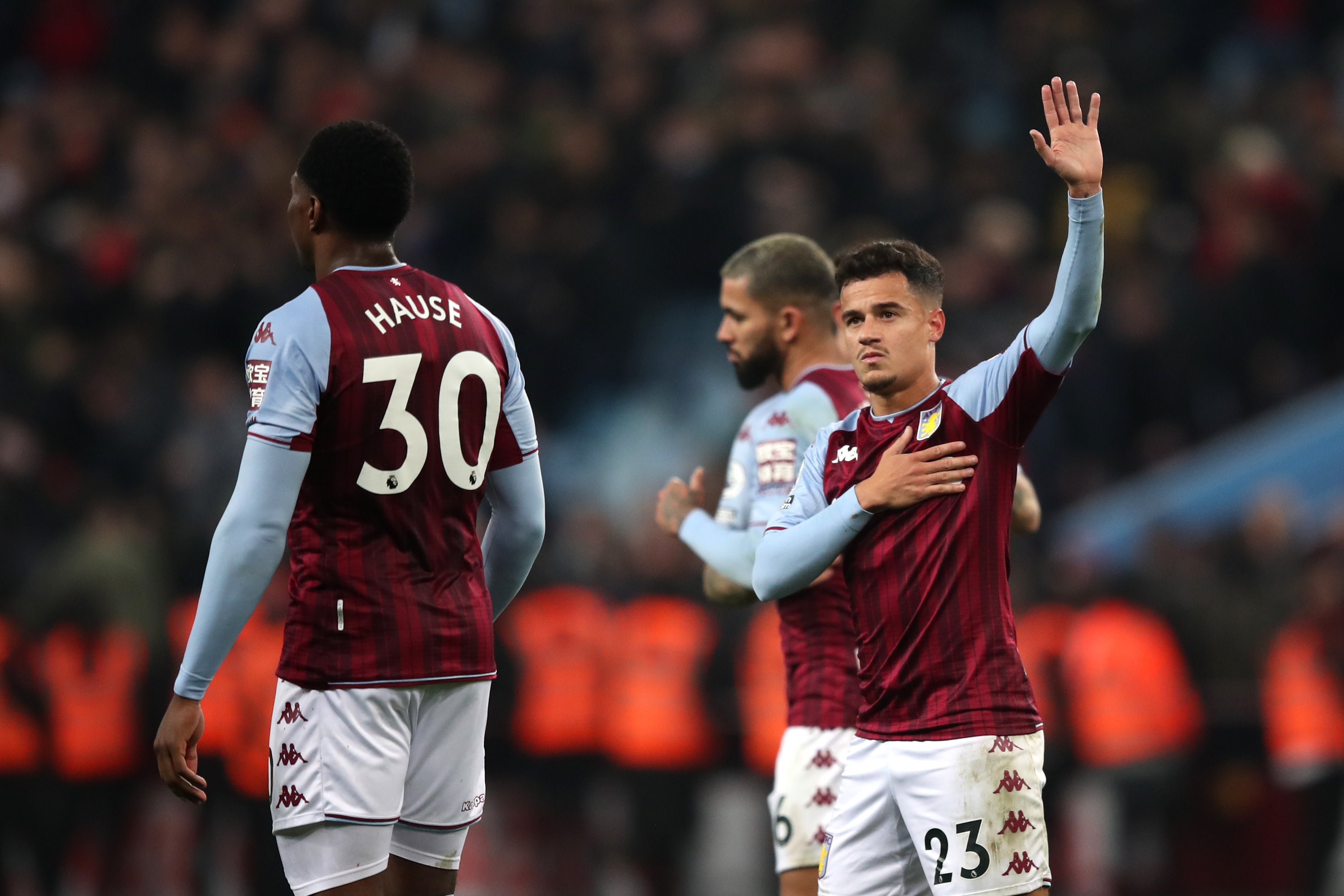 Philippe Coutinho applauds fans after marking his Aston Villa debut by coming off the bench to equalise in a 2-2 draw against Manchester United (Isaac Parkin/PA)