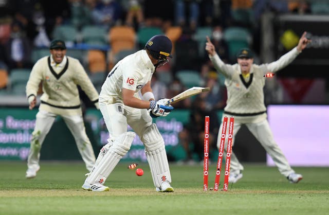 <p>Ollie Pope is clean bowled by Pat Cummins in the last Test in Hobart </p>