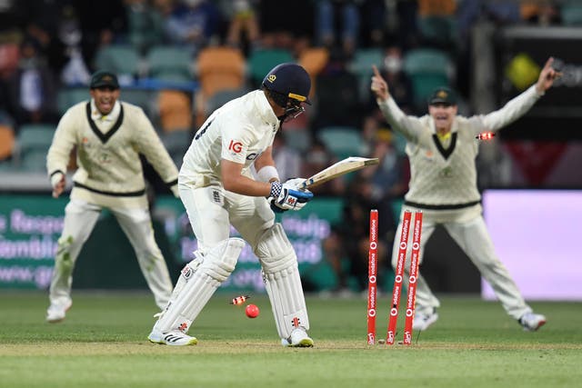 <p>Ollie Pope is clean bowled by Pat Cummins in the last Test in Hobart </p>