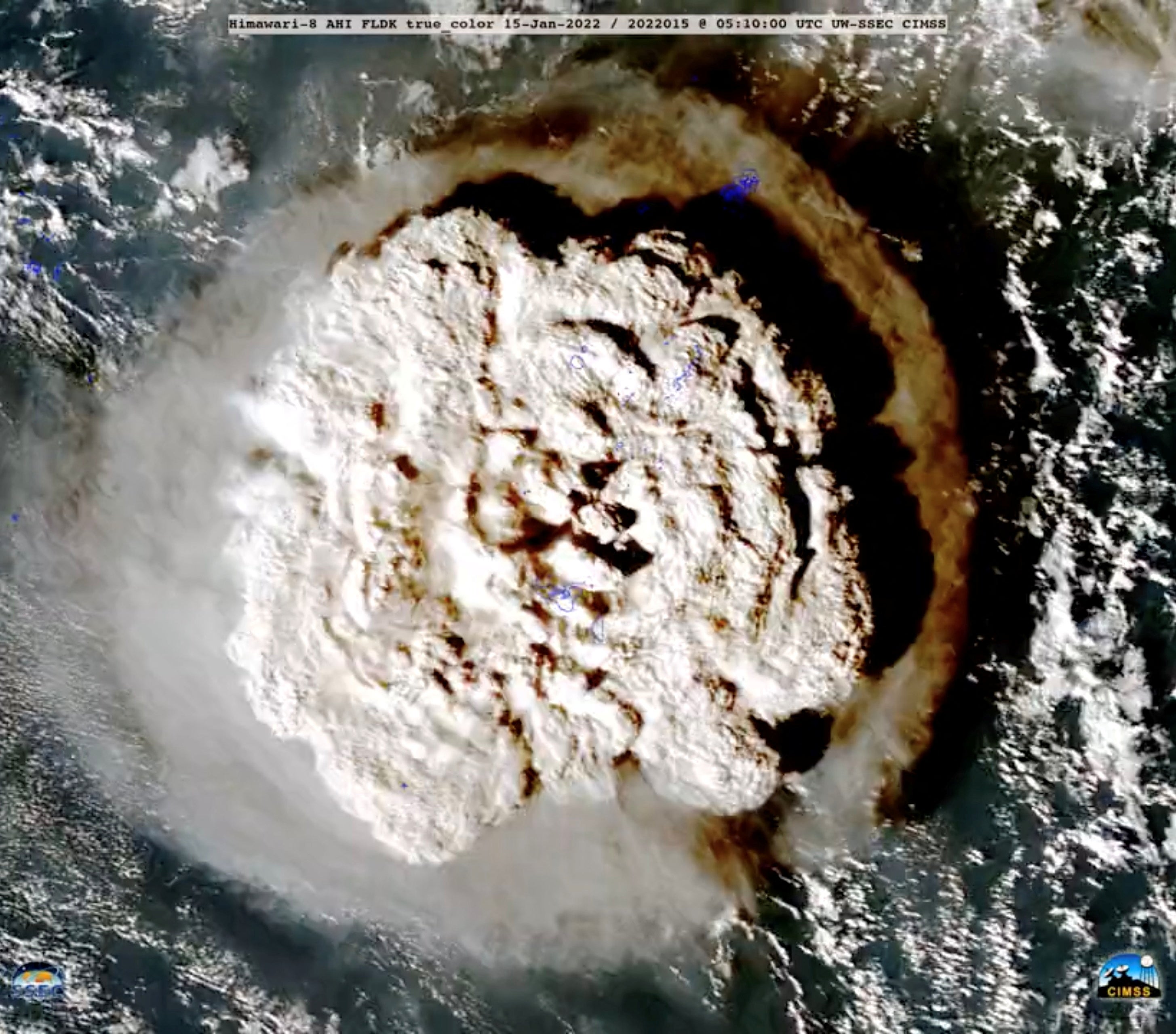 A plume rises over Tonga after the underwater volcano Hunga Tonga-Hunga Ha’apai erupted