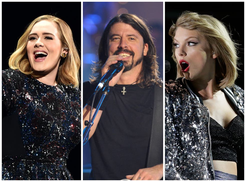 <p>L-R: Adele, Dave Grohl and Taylor Swift have all confused fans with some of their lyrics</p>