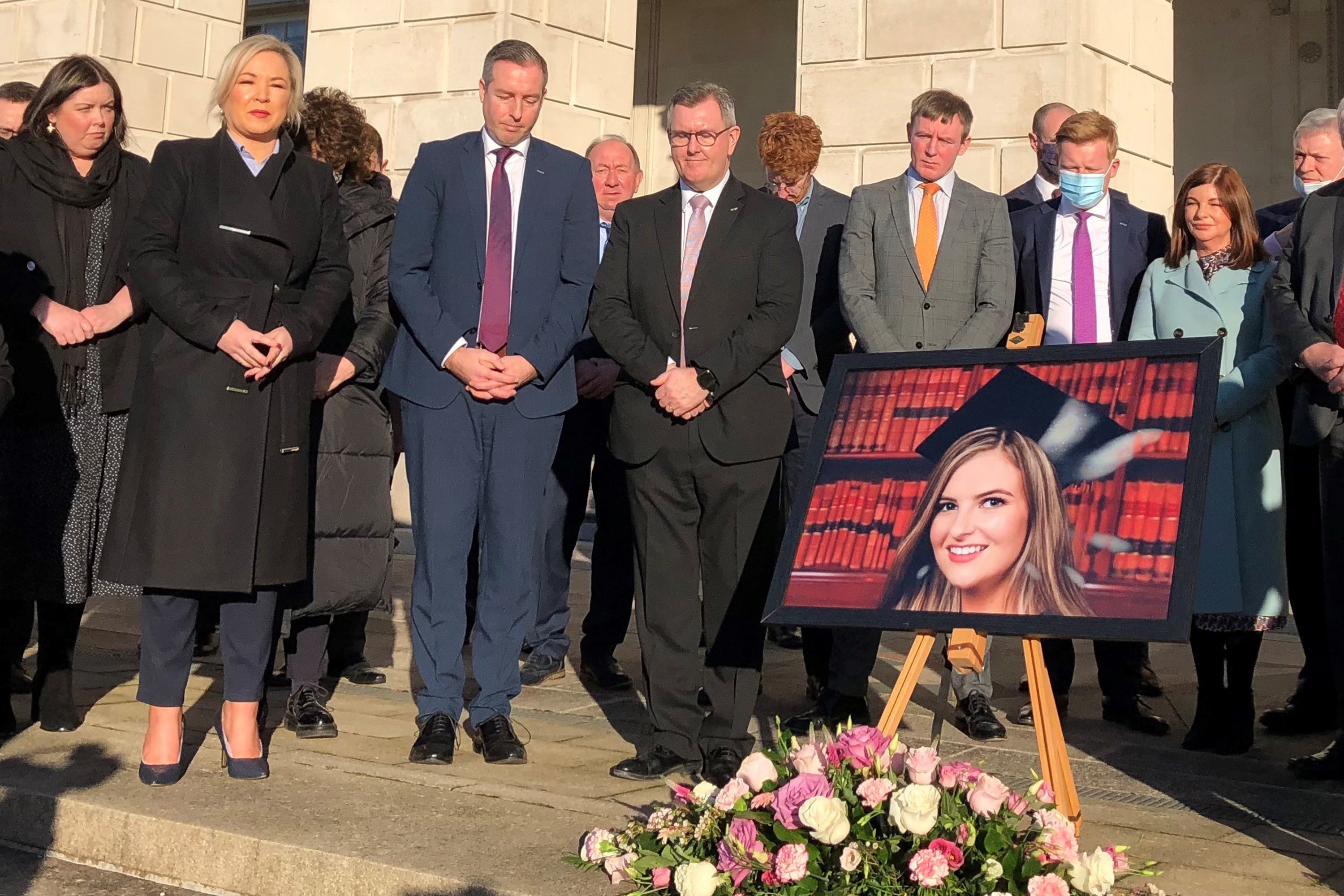 Deputy First Minister Michelle ONeill, First Minister Paul Givan and DUP leader Sir Jeffrey Donaldson take part in a silent vigil on the steps of Parliament Buildings, Stormont, for Ashling Murphy, who was found dead after going for a run in Co Offaly (David Young/PA)