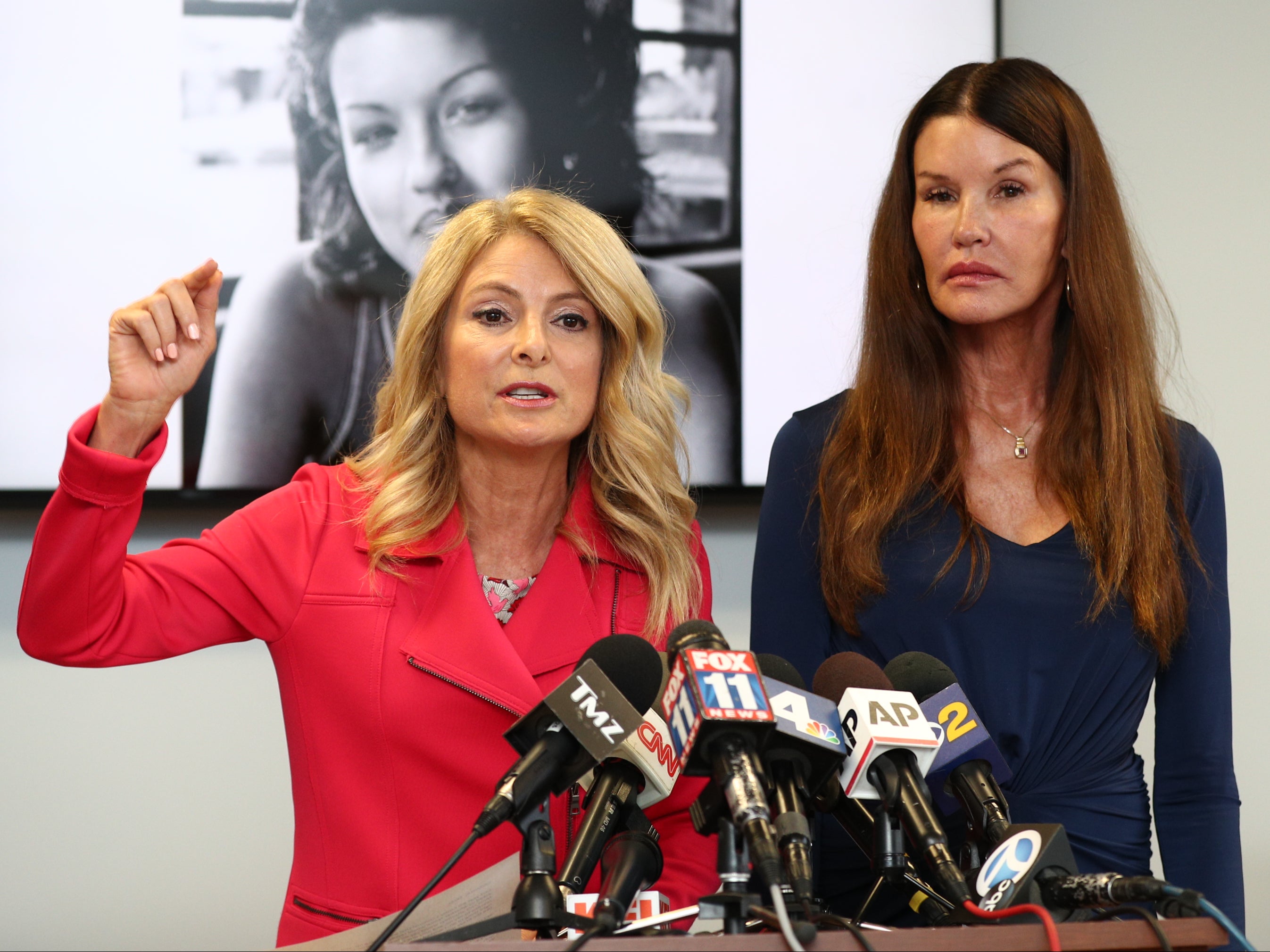 Lisa Bloom and Janice Dickinson speak during a press conference announcing a settlement in a defamation lawsuit against Bill Cosby