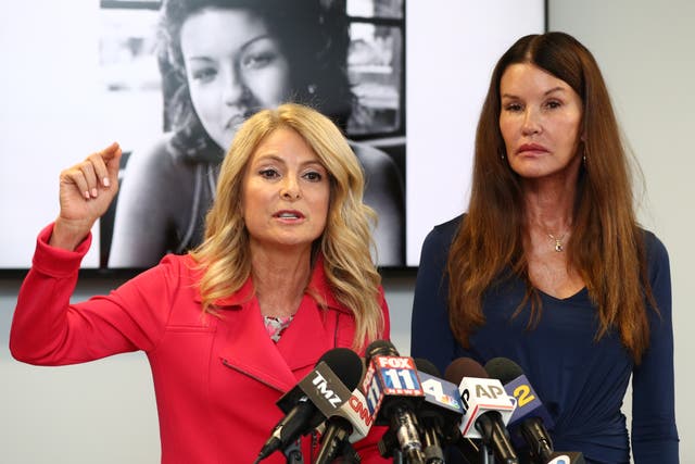 <p>Lisa Bloom and Janice Dickinson speak during a press conference announcing a settlement in a defamation lawsuit against Bill Cosby</p>