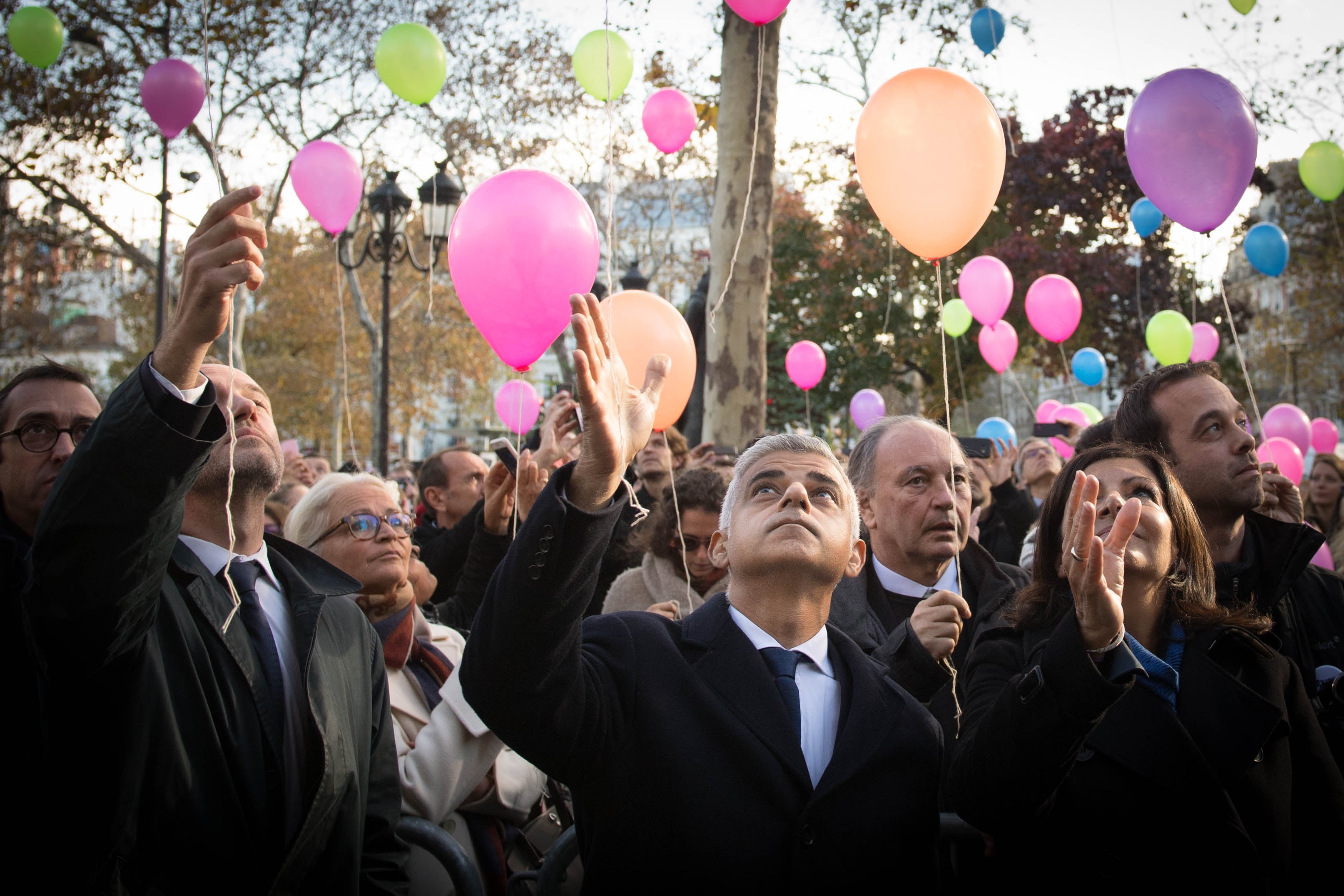 Mayor of London Sadiq Khan and his Parisian counterpart, Anne Hidalgo, attend a memorial service to mark the third anniversary of the 2015 Bataclan terrorist attack in Paris (Stefan Rousseau/PA)