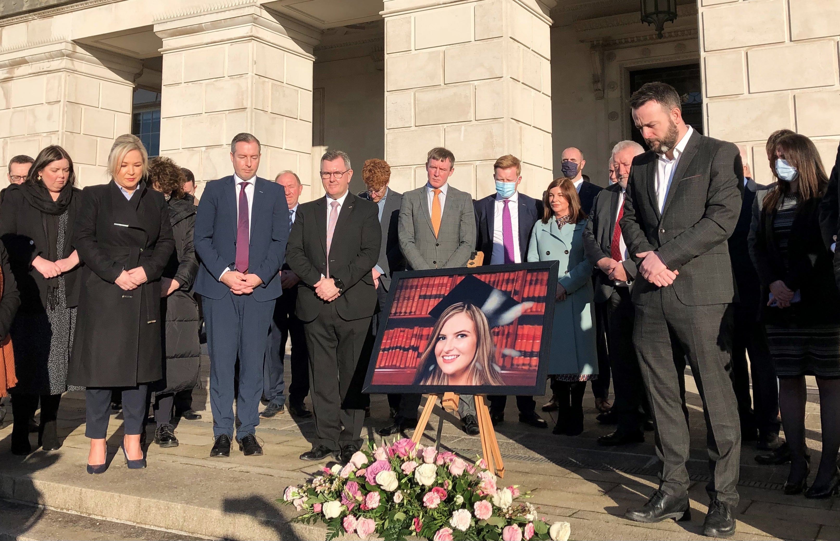 MLAs and MPs take part in a silent vigil on the steps of Parliament Buildings, Stormont, for Ashling Murphy who was found dead after going for a run in Co Offaly (PA)