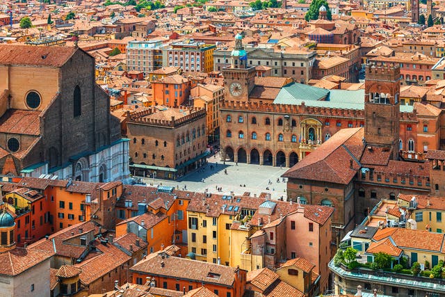 <p>Bologna’s Piazza Maggiore from above</p>