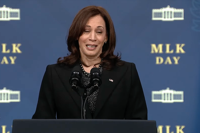 <p>Vice President Kamala Harris speaks by remote video feed to a commemorative service honouring the late civil rights leader Rev Dr Martin Luther King Jr on 17 January 2022</p>