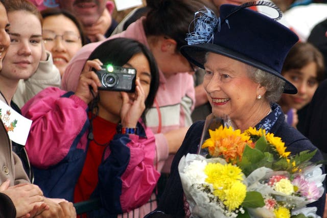 <p>Queen Elizabeth II meeting wellwishers during a walkabout at the University of British Columbia in Canada in 2002</p>