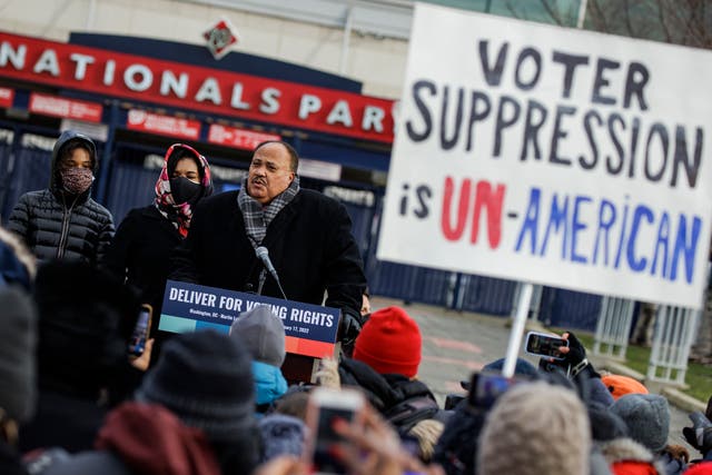 <p>Martin Luther King III, eldest son of civil rights leader Dr. Martin Luther King Jr., speaks before the annual D.C. Peace Walk: Change Happens with Good Hope and a Dream for Dr. Martin Luther King Day on January 17, 2022 in Washington, DC</p>