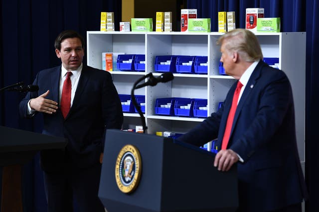 <p>Donald Trump and Ron DeSantis speaking together at the White House on 24 July 2020 </p>