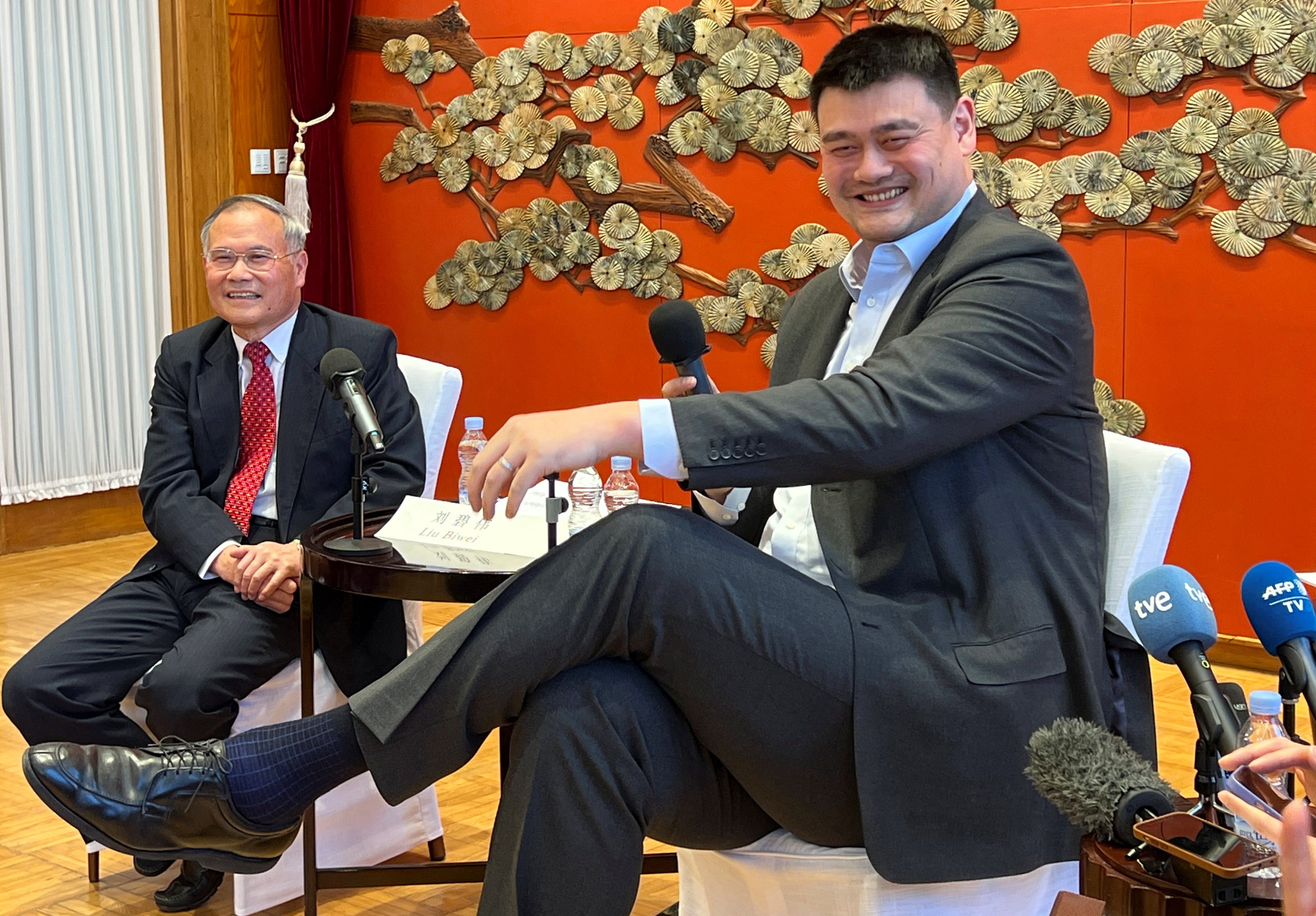 President of Chinese Basketball Association Yao Ming (right) at a media event on 17 January