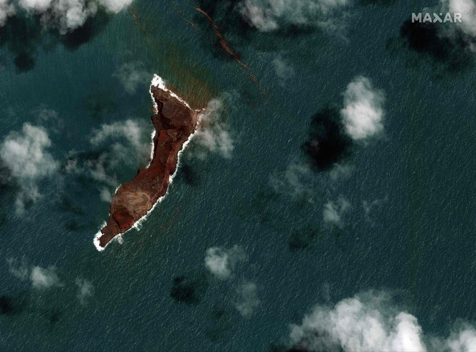 <p>Satellite image shows a small section of island where the Hunga Tonga Hunga Haa’pai volcano used to be visible</p>