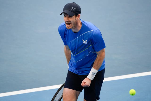 <p>Andy Murray roars during his first round win over Nikoloz Basilashvili</p>