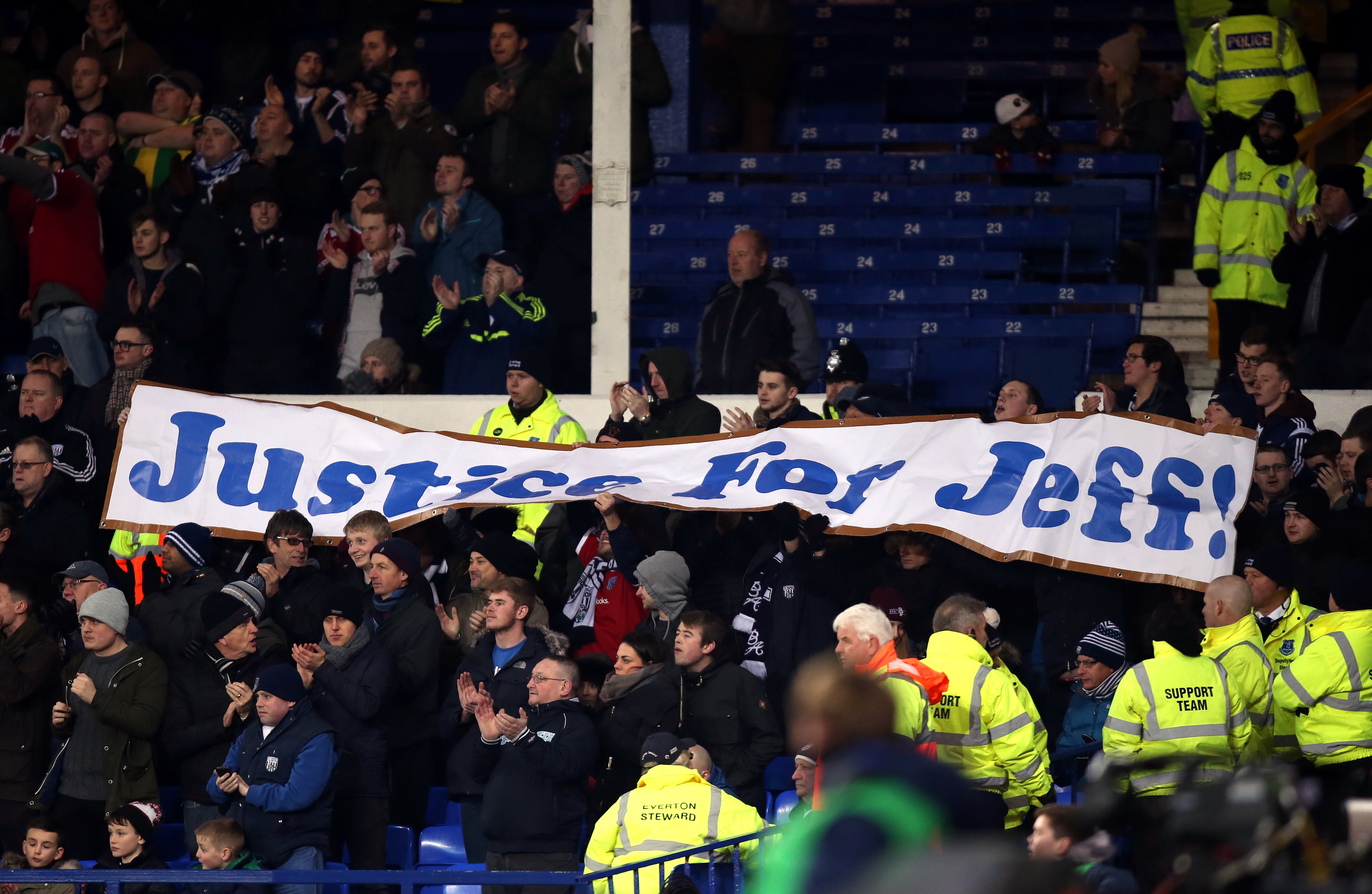 West Brom fans hold aloft a ‘Justice for Jeff’ banner (Peter Byrne/PA)