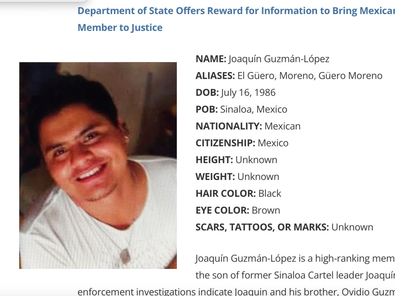 A still of the US state department website for ‘El Chapito’ on 17 December, showing an allegedly incorrect image