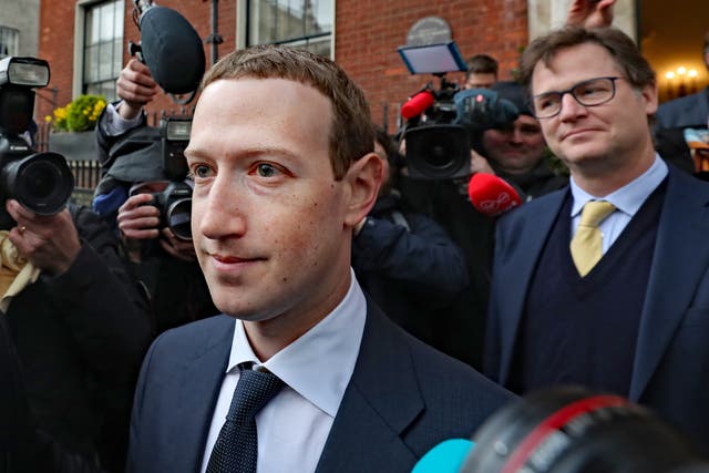 <p>Facebook chief Mark Zuckerberg, followed by Nick Clegg </p>