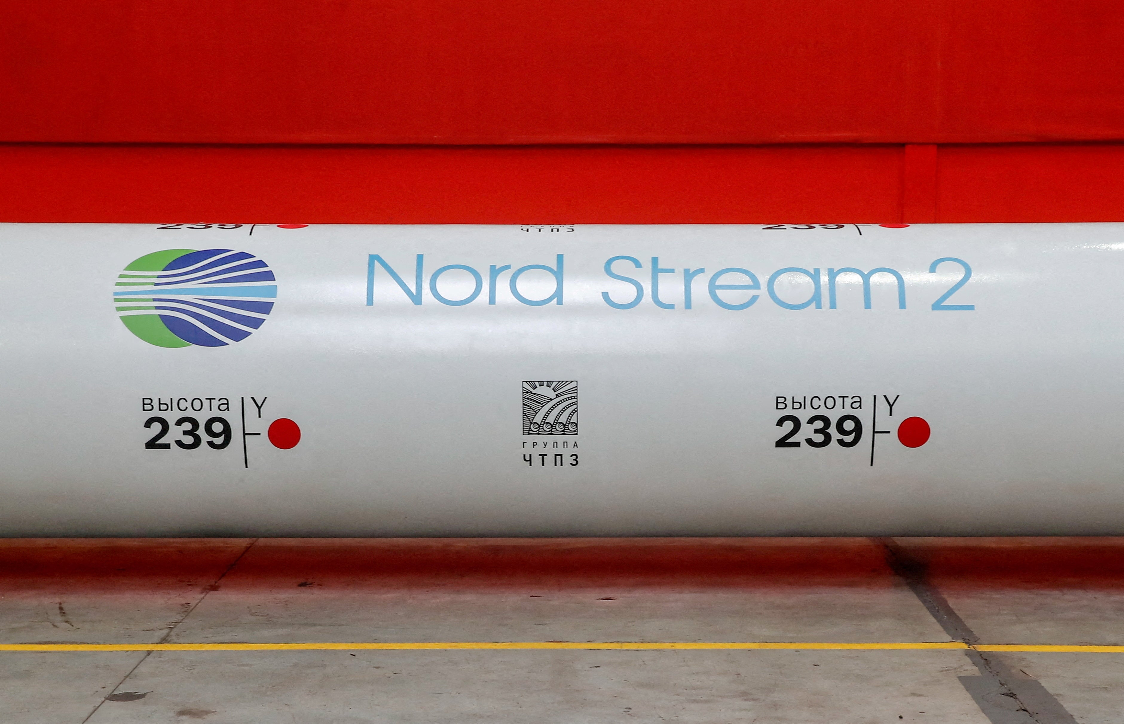 File photo: The logo of the Nord Stream 2 gas pipeline project is seen on a large-diameter pipe in Chelyabinsk, Russia, 26 February 2020