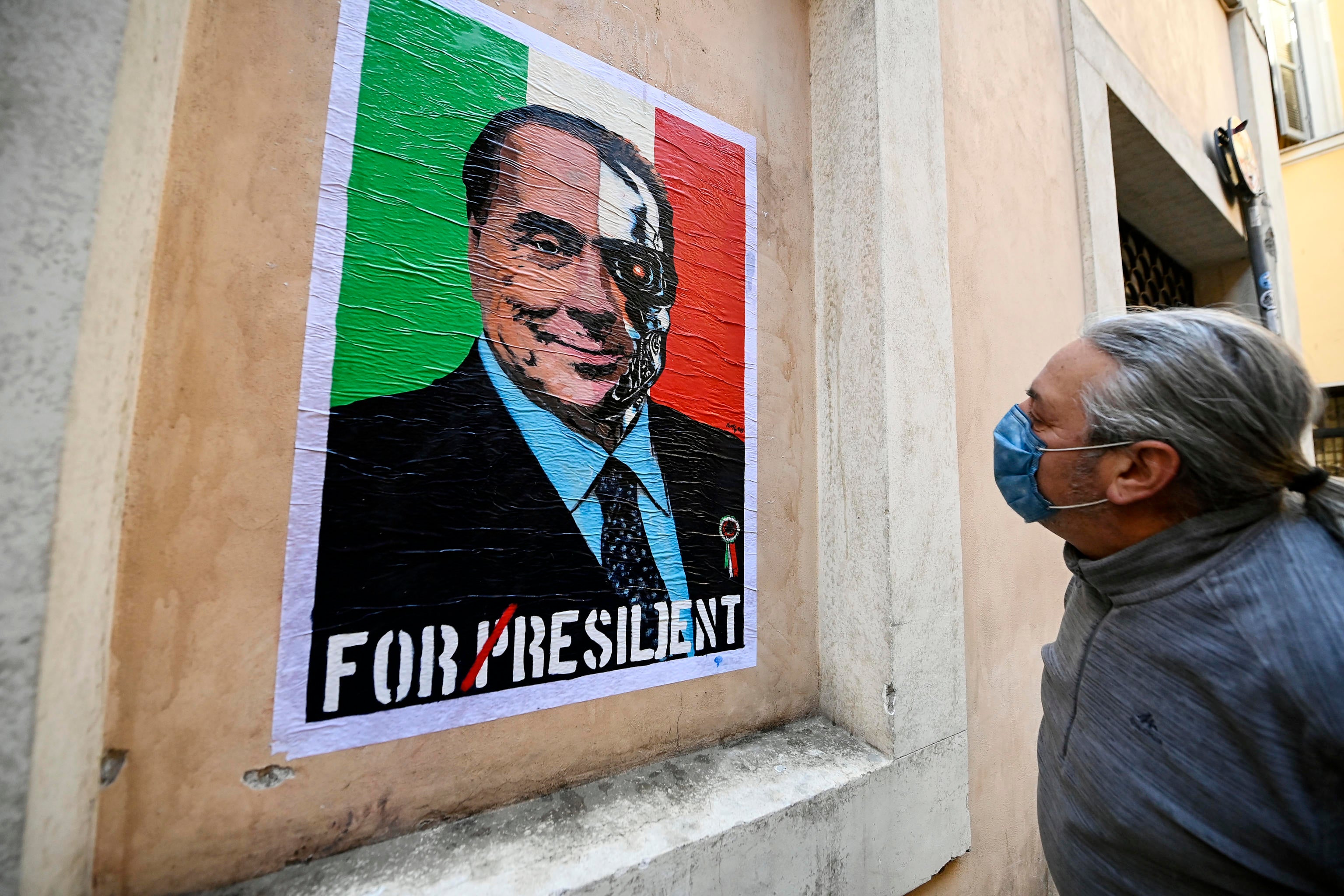 A mural of Silvio Berlusconi by the street artist ‘Harry Greb’ in an alley in Rome