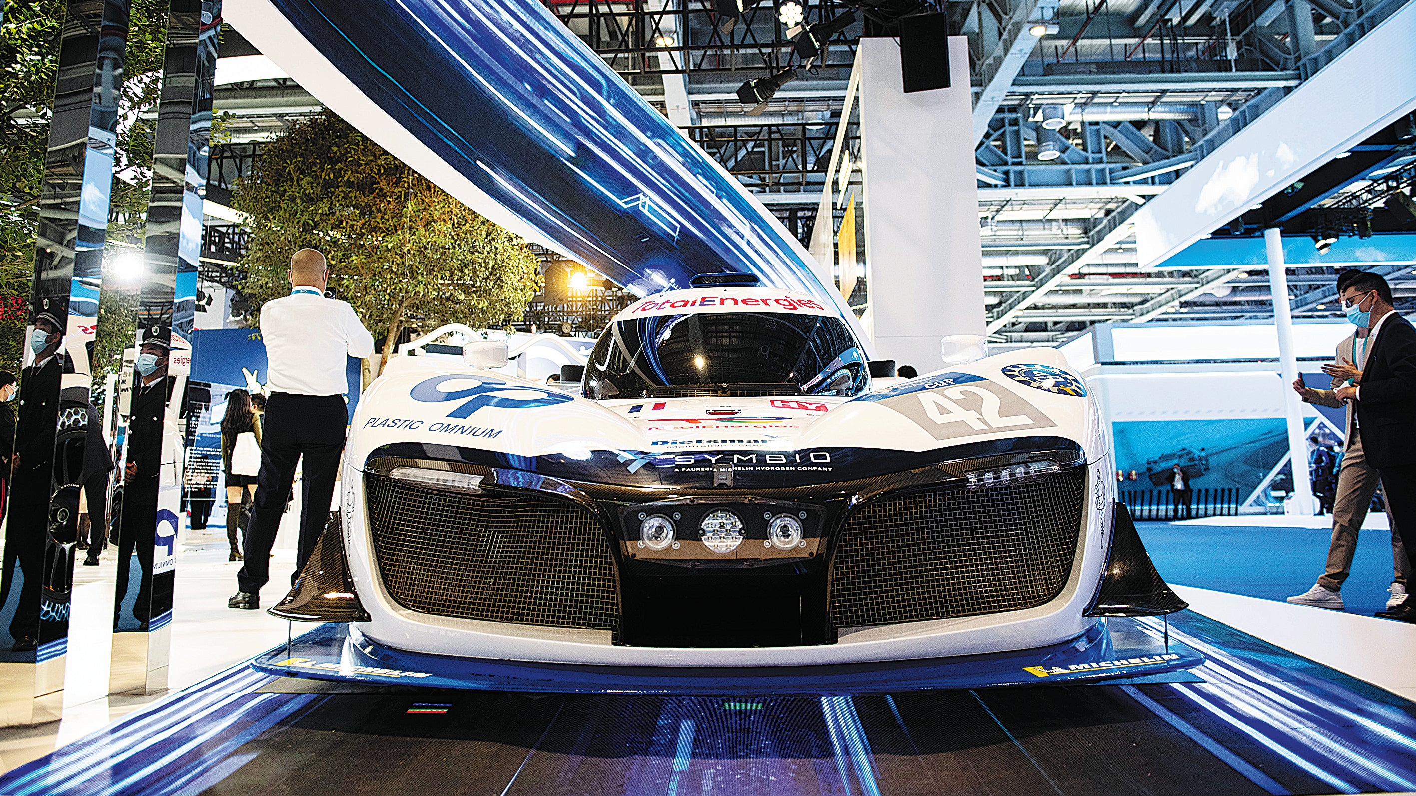 A hydrogen-powered race car is displayed during the fourth China International Import Expo in Shanghai in November 2021