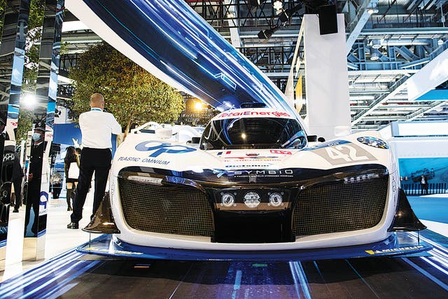 <p>A hydrogen-powered race car is displayed during the fourth China International Import Expo in Shanghai in November 2021</p>