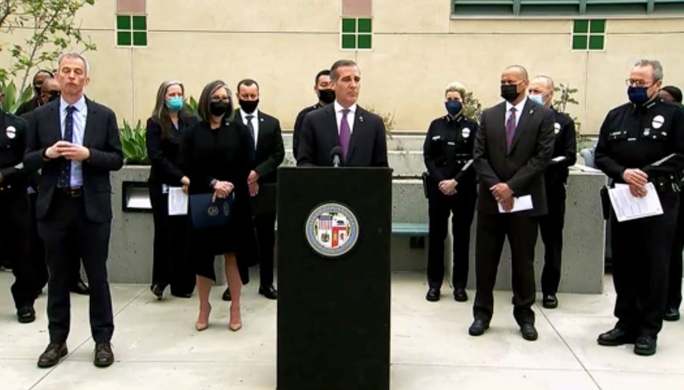 LA mayor Eric Garcetti provides an update on the city’s crime statistics