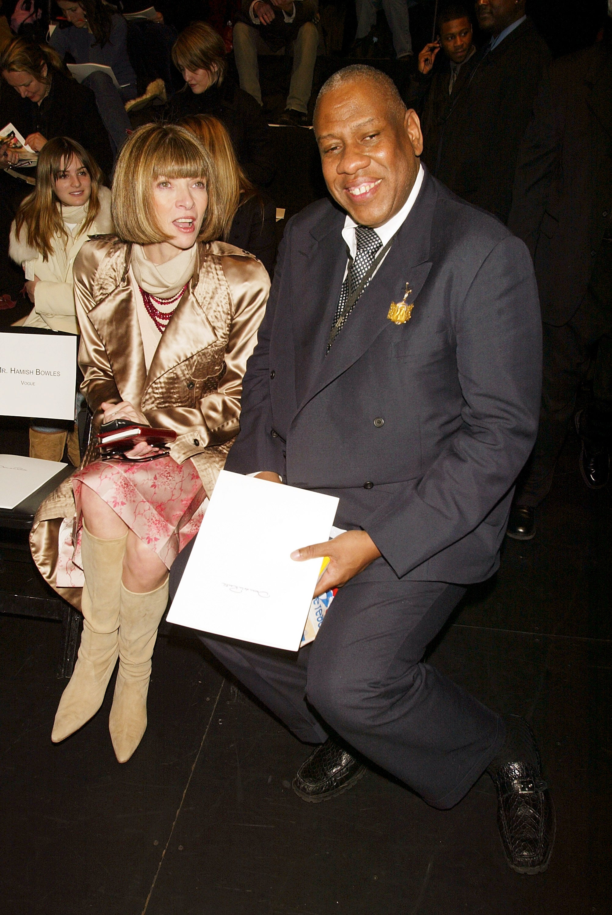 Anna Wintour and Andre Leon Talley attend the Oscar De La Renta fashion show for the Fall/Winter 2003 Collection at The Pavillion in Bryant Park during the Mercedes-Benz Fashion Week February 10, 2003