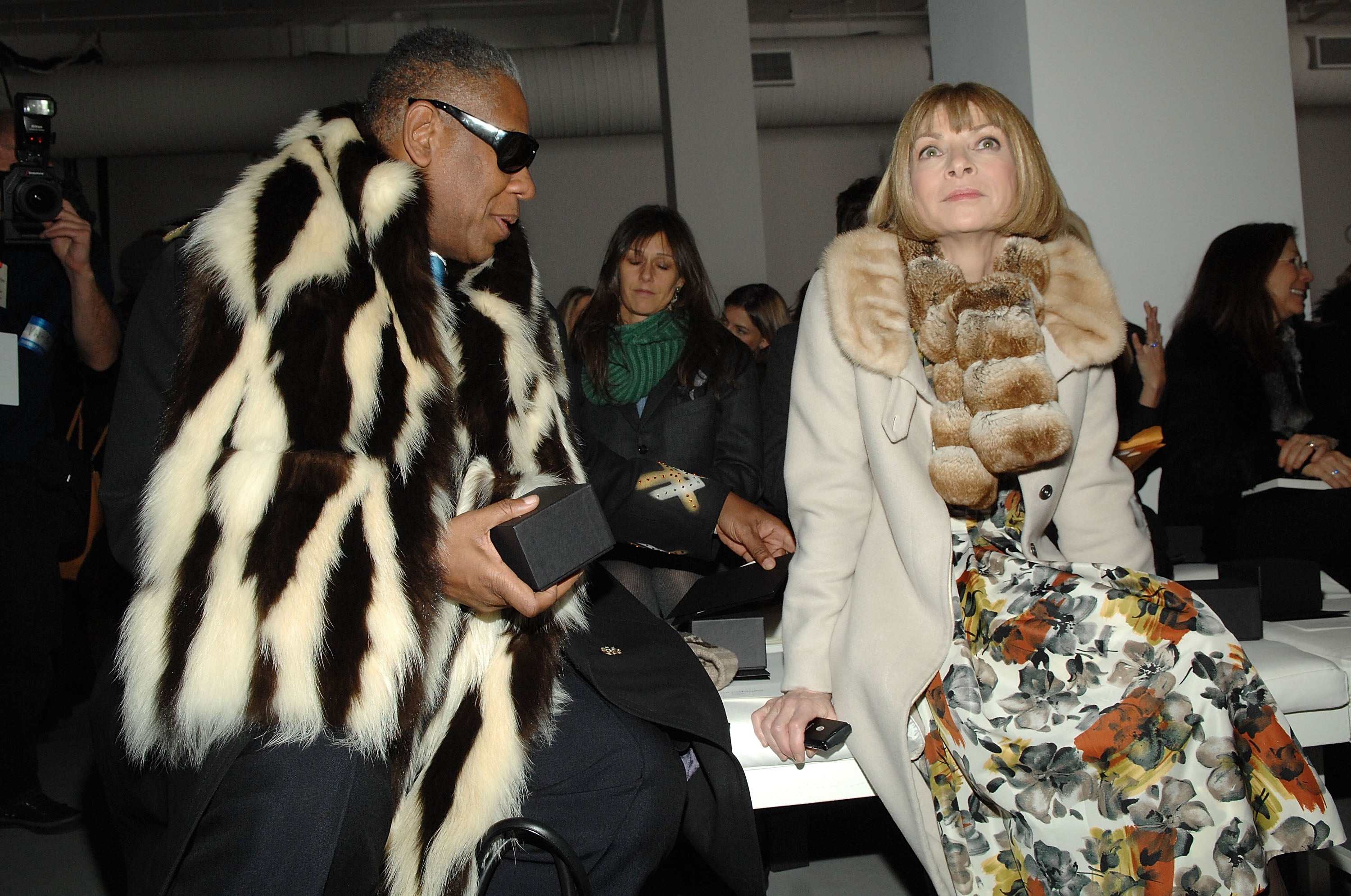 Andre Leon Talley (L) and Anna Wintour attend the Calvin Klein Fall 2007 fashion show during Mercedes-Benz Fashion Week February 8, 2007 in New York City