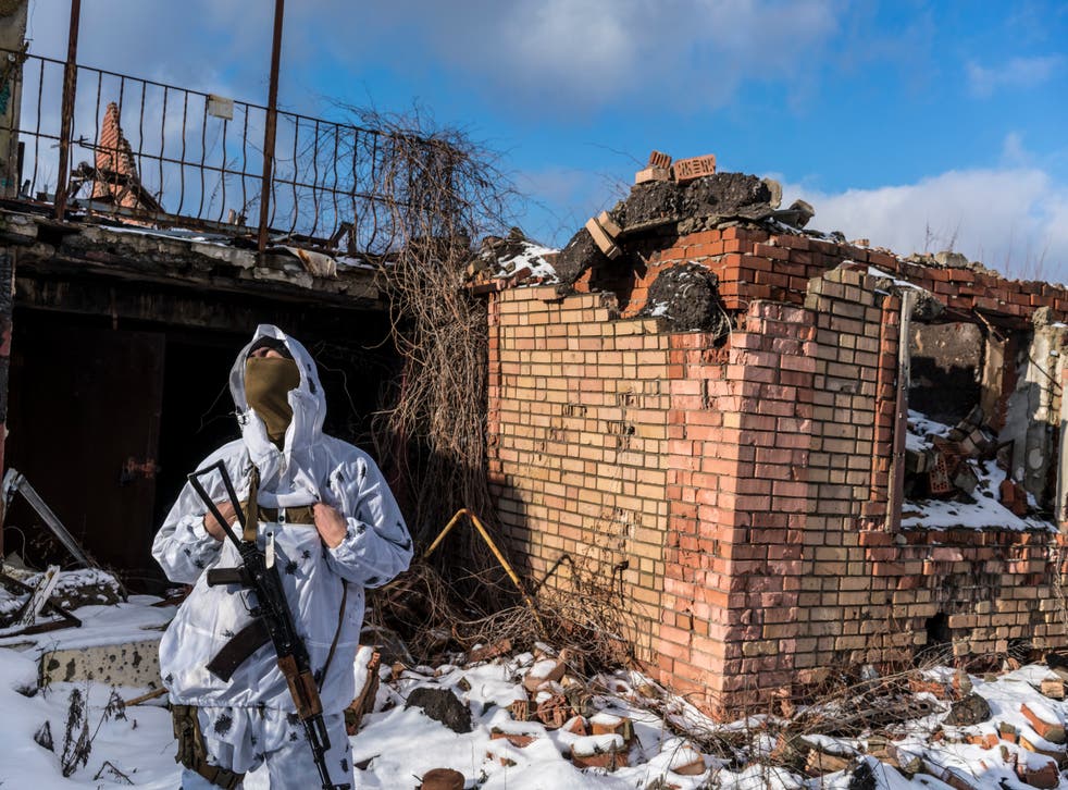 <p>A Ukrainian soldier on the front line in Pisky, Ukraine, on 18 January 2022 </p>