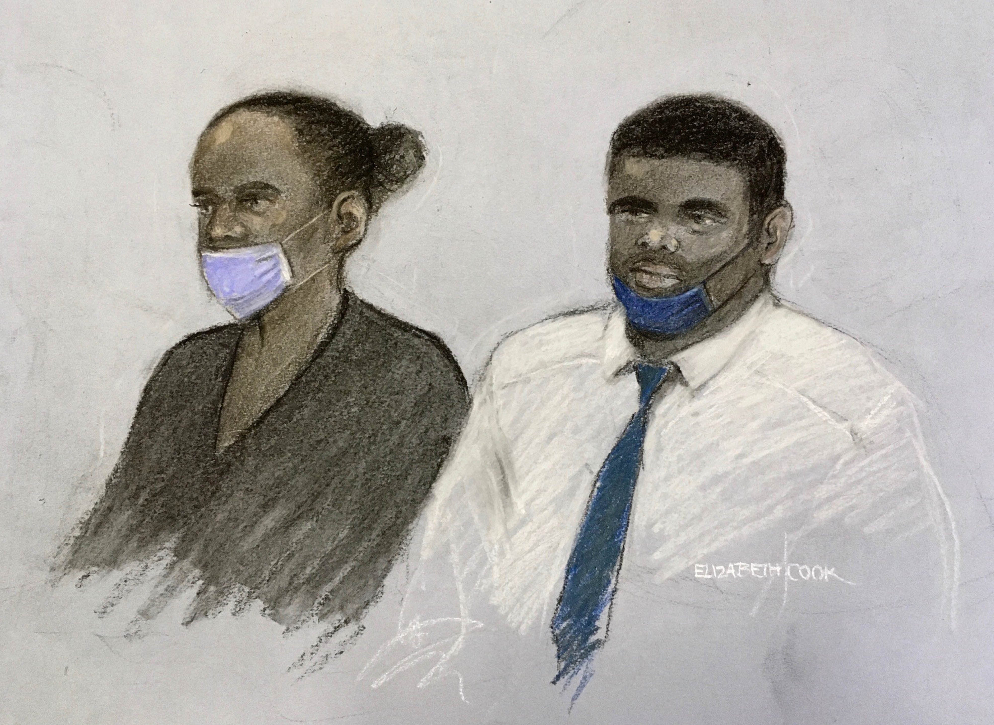 Court artist’s sketch of Phylesia Shirley and Kemar Brown at the Old Bailey