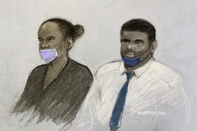 <p>Court artist’s sketch of Phylesia Shirley and Kemar Brown at the Old Bailey</p>