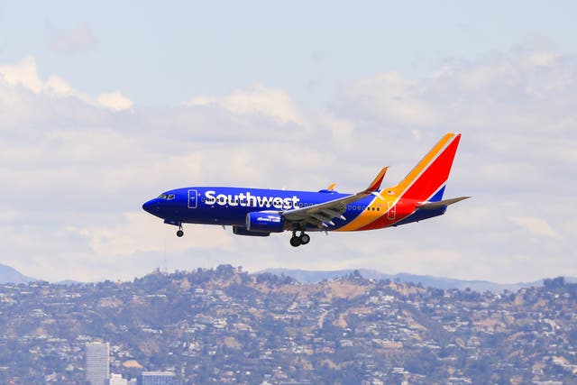 <p>A Southwest Boeing 737 lands at Los Angeles International Airport</p>