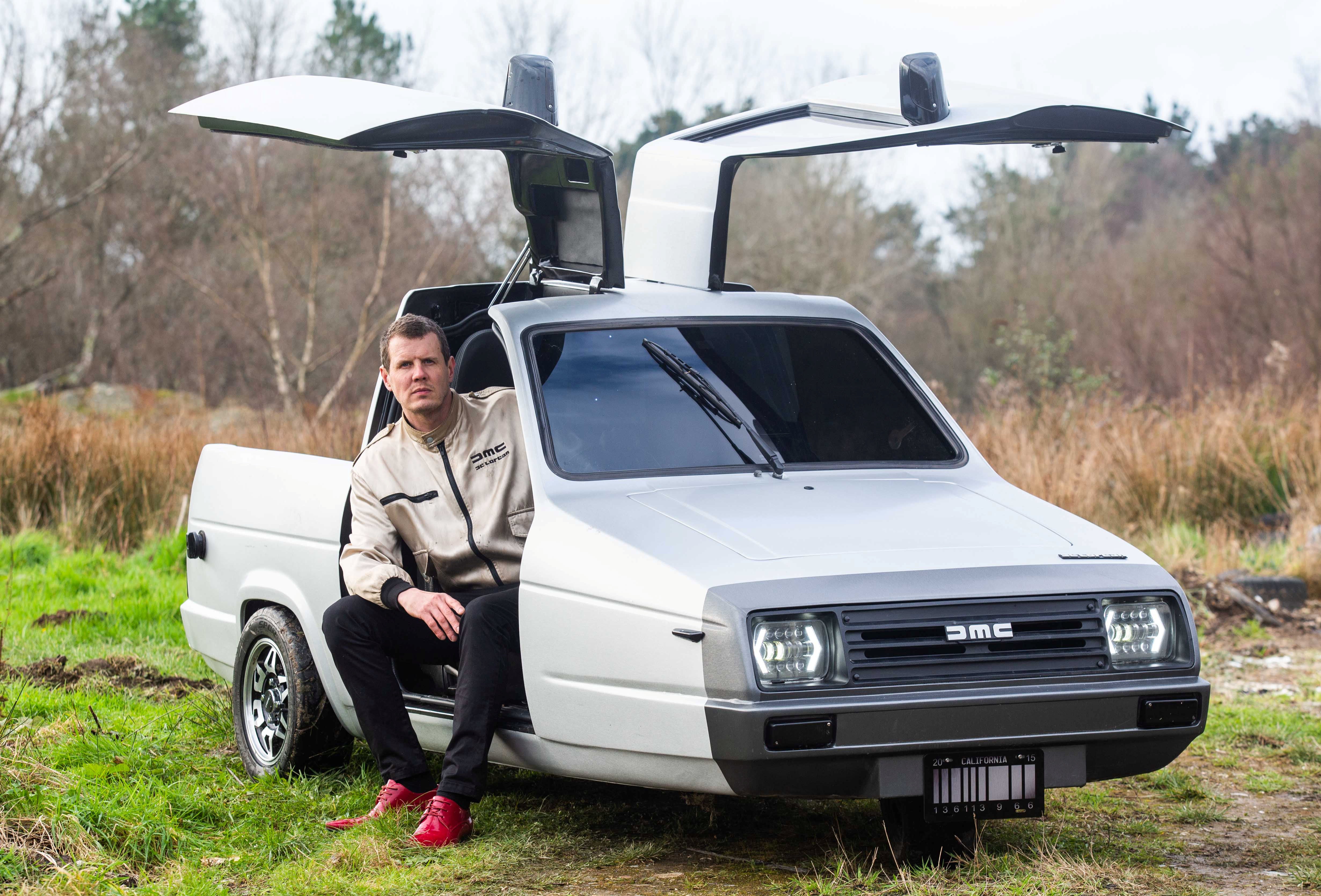 Ty DeLorean pictured with his car at home near Newquay, Cornwall