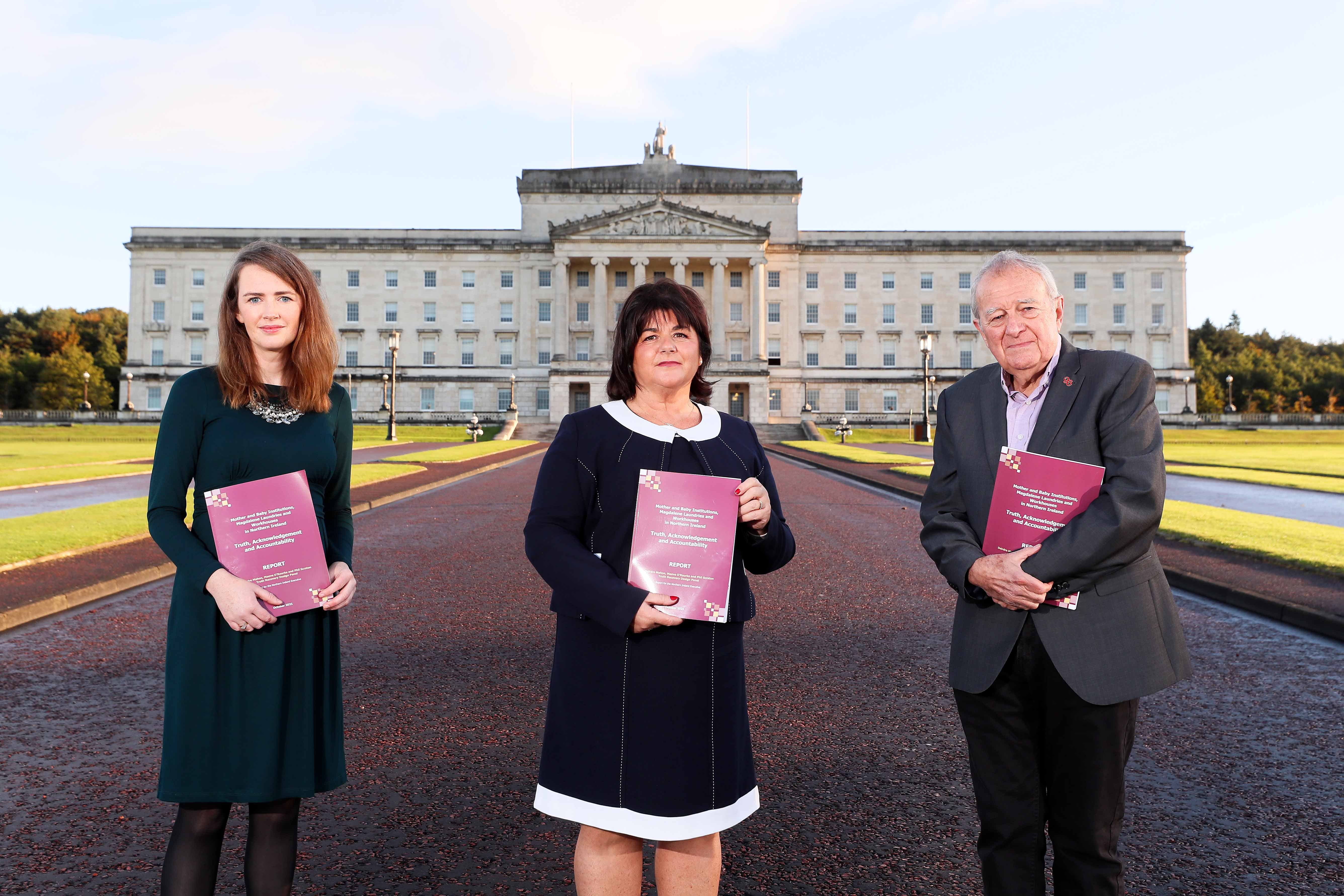 The Truth Recovery Design Panel of Dr Maeve O’Rourke, Deirdre Mahon (Chair) and Professor Phil Scraton outside Stormont, at the official launch of Truth Recovery Design Panel Report last year (PA)