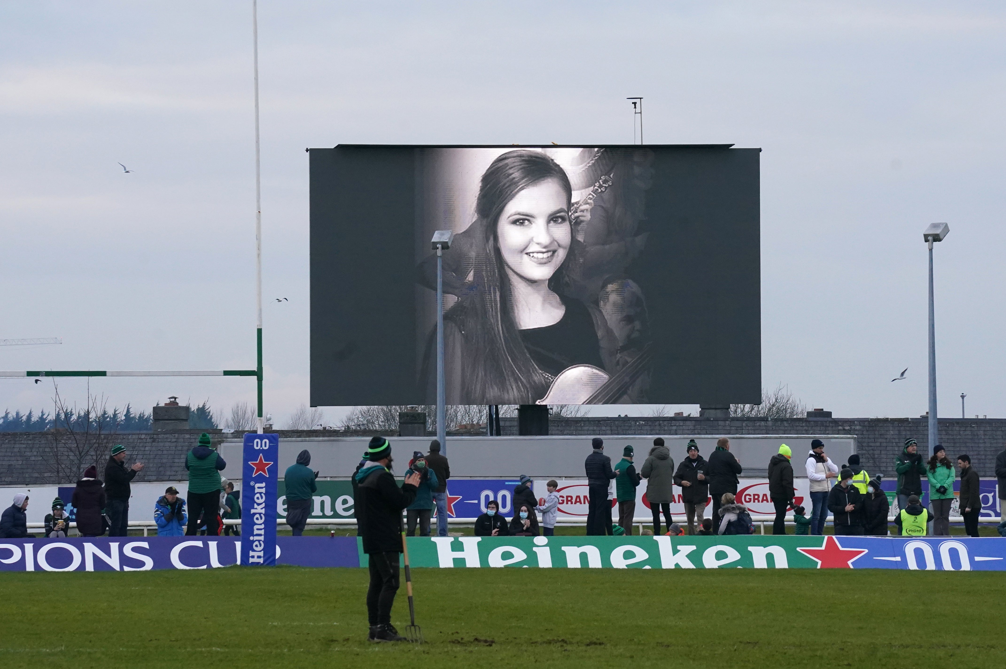 A photo of murdered school teacher Ashling Murphy is displayed on the big screen at half-time during the Heineken Champions Cup, Pool A match at The Sportsground in Galway, Ireland (PA)