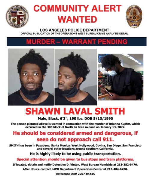 Wanted poster released by the LAPD for the man suspected of murdering Brianna Kupfer