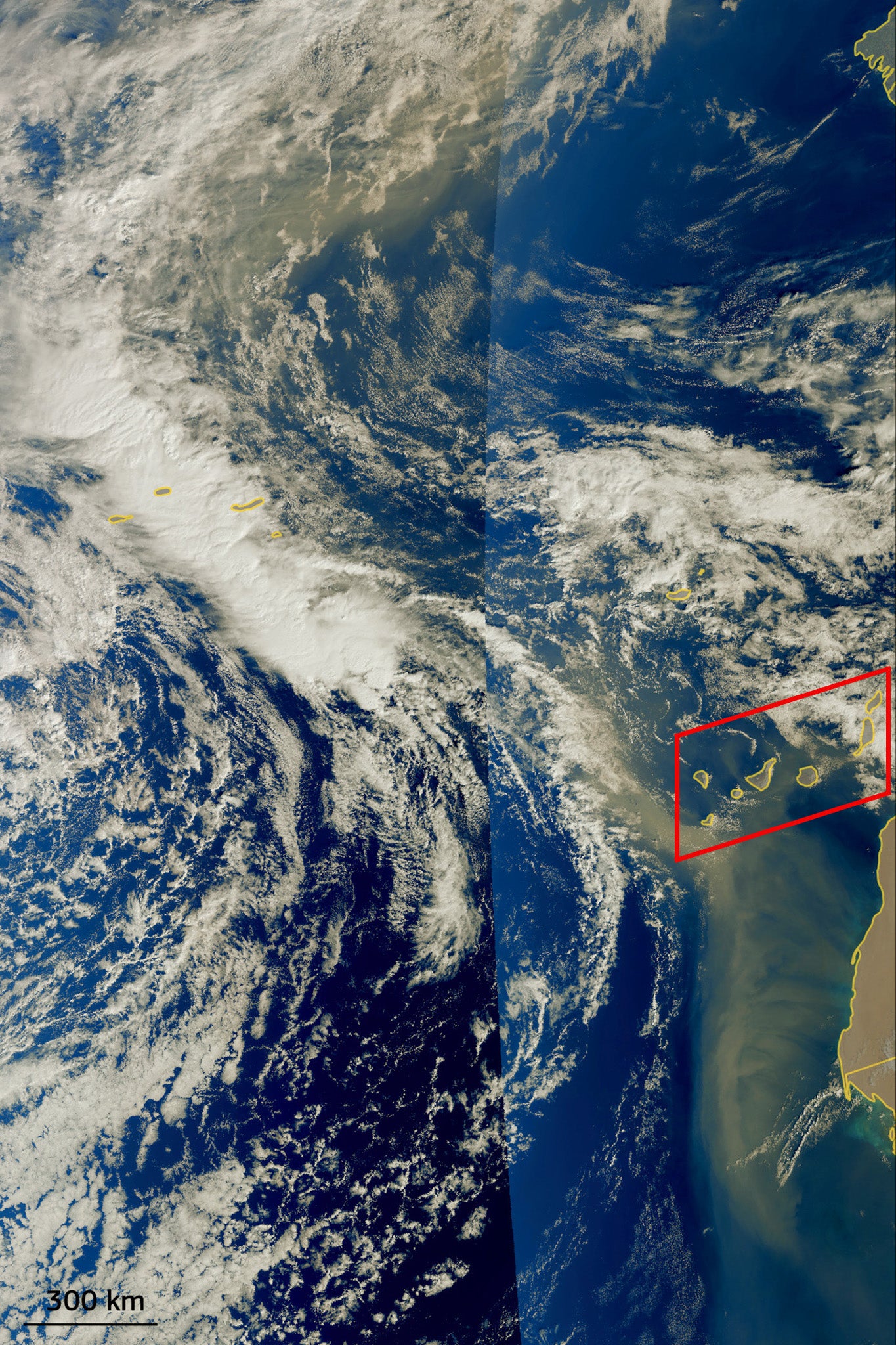 Dust plume extends thousands of miles over the Atlantic (Canary Islands off the African coast are highlighted in red)