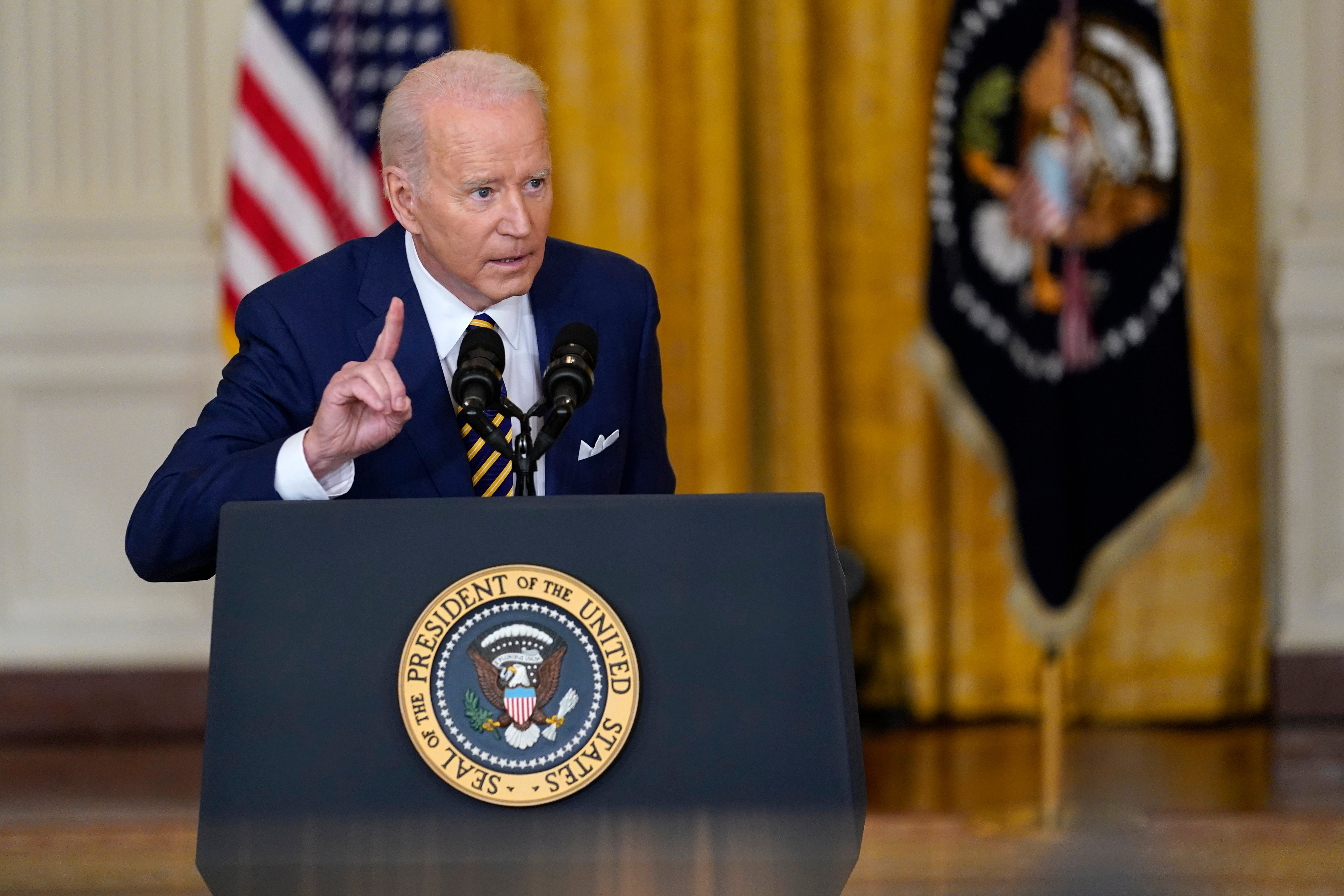 President Joe Biden speaks during a news conference in the East Room of the White House in Washington, Wednesday, Jan. 19, 2022