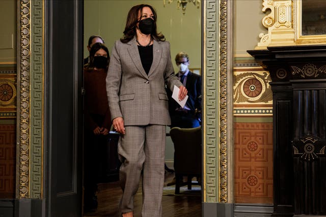 <p>US Vice President Kamala Harris arrives to swear in Mark Brzezinski as the United States Ambassador to Poland in the Vice President's Ceremonial Office in the Eisenhower Executive Office Building in Washington, DC</p>