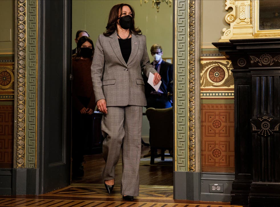 <p>US Vice President Kamala Harris arrives to swear in Mark Brzezinski as the United States Ambassador to Poland in the Vice President's Ceremonial Office in the Eisenhower Executive Office Building in Washington, DC</p>