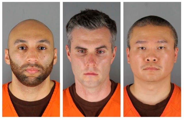 <p>J Alexander Kueng, Thomas Lane and Tou Thao pictured left to right in their booking photos  </p>