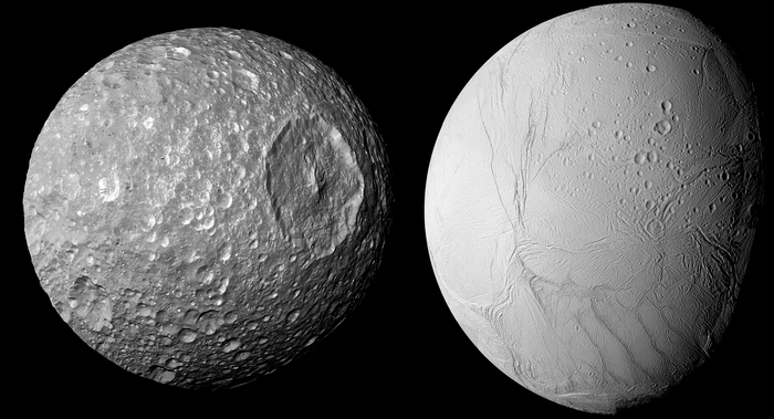 Saturn’s small moon Mimas (left) likely has something in common with its larger neighbour Enceladus: an internal ocean beneath a thick icy surface