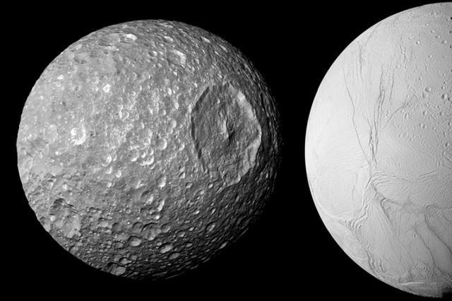 <p>Saturn’s small moon Mimas (left) likely has something in common with its larger neighbour Enceladus: an internal ocean beneath a thick icy surface</p>