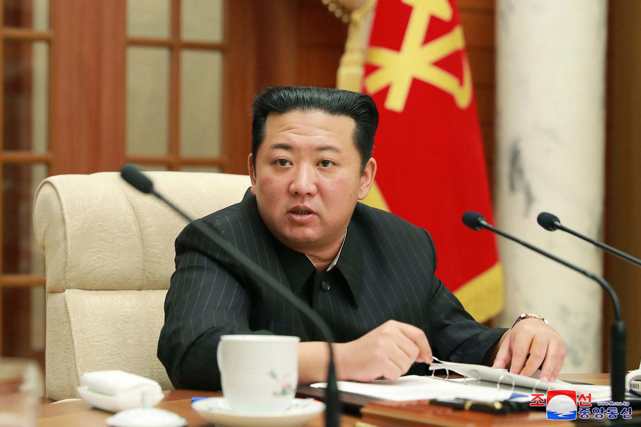 In this photo provided by the North Korean government, leader Kim Jong Un attends a meeting of the Central Committee of the ruling Workers’ Party in Pyongyang on 19 January