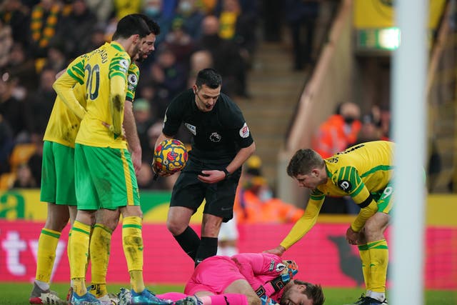 Norwich goalkeeper Tim Krul was injured against Everton (Joe Giddens/PA)