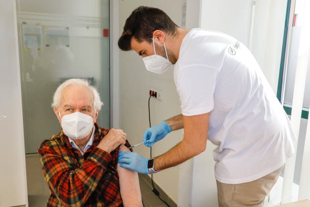 <p>A man is vaccinated against the coronavirus in Vienna on 10 April, 2021 </p>