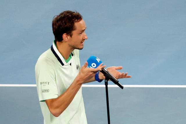 <p>Daniil Medvedev speaks on court after the match</p>