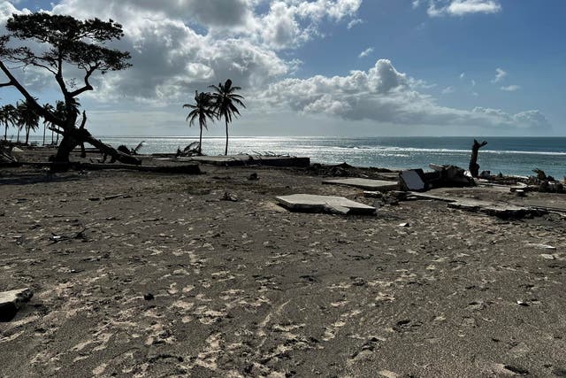 <p>Destruction along the western beaches of Tonga’s main island of Tongatapu following the eruption of the Hunga Tonga-Hunga Haapai undersea volcano </p>