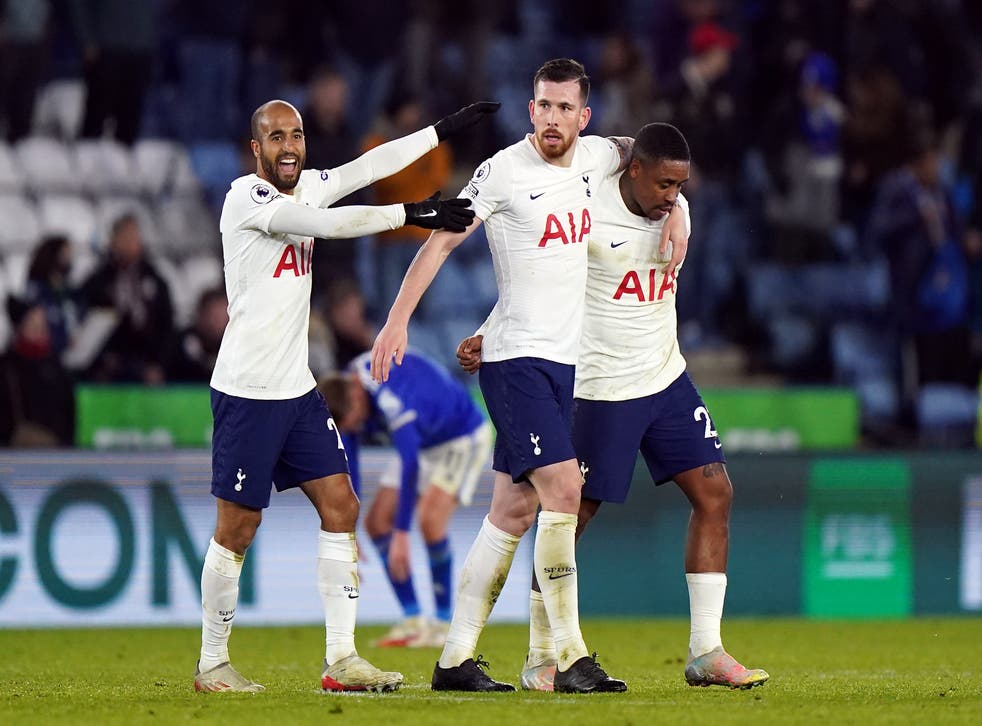 Tottenham Hotspur’s Lucas Moura, Pierre-Emile Hojbjerg and Steven Bergwijn (left-right) celebrate their win after the final whistle of the Premier League match at the King Power Stadium, Leicester. Picture date: Wednesday January 19, 2022.